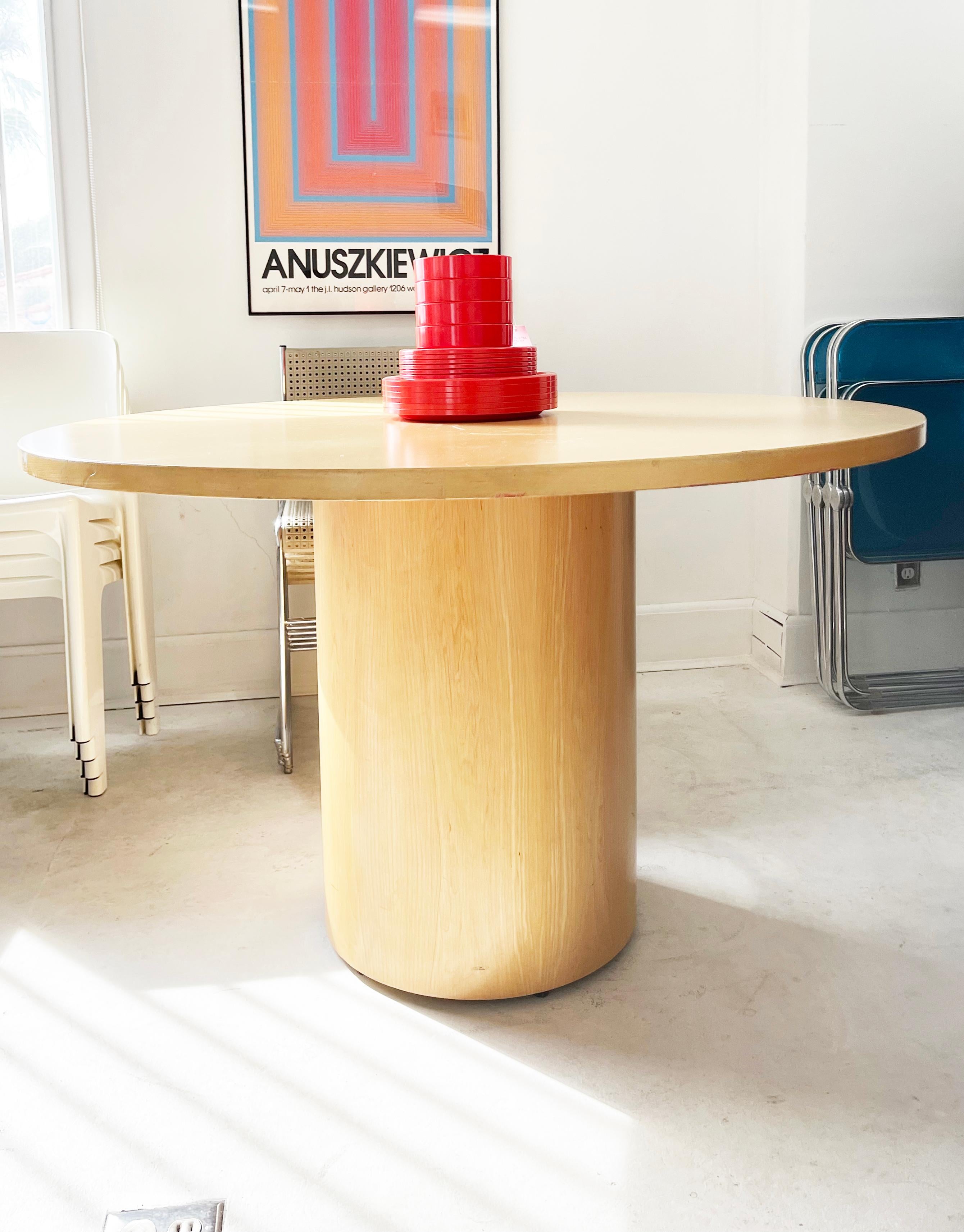 Laminate 2000s Knoll Reff Round Oak Bamboo Drum Pedestal Dining Table Beveled Glass Top