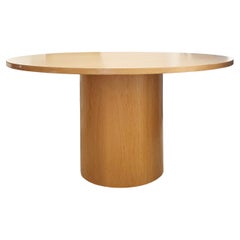 2000s Knoll Reff Round Oak Bamboo Drum Pedestal Dining Table Beveled Glass Top