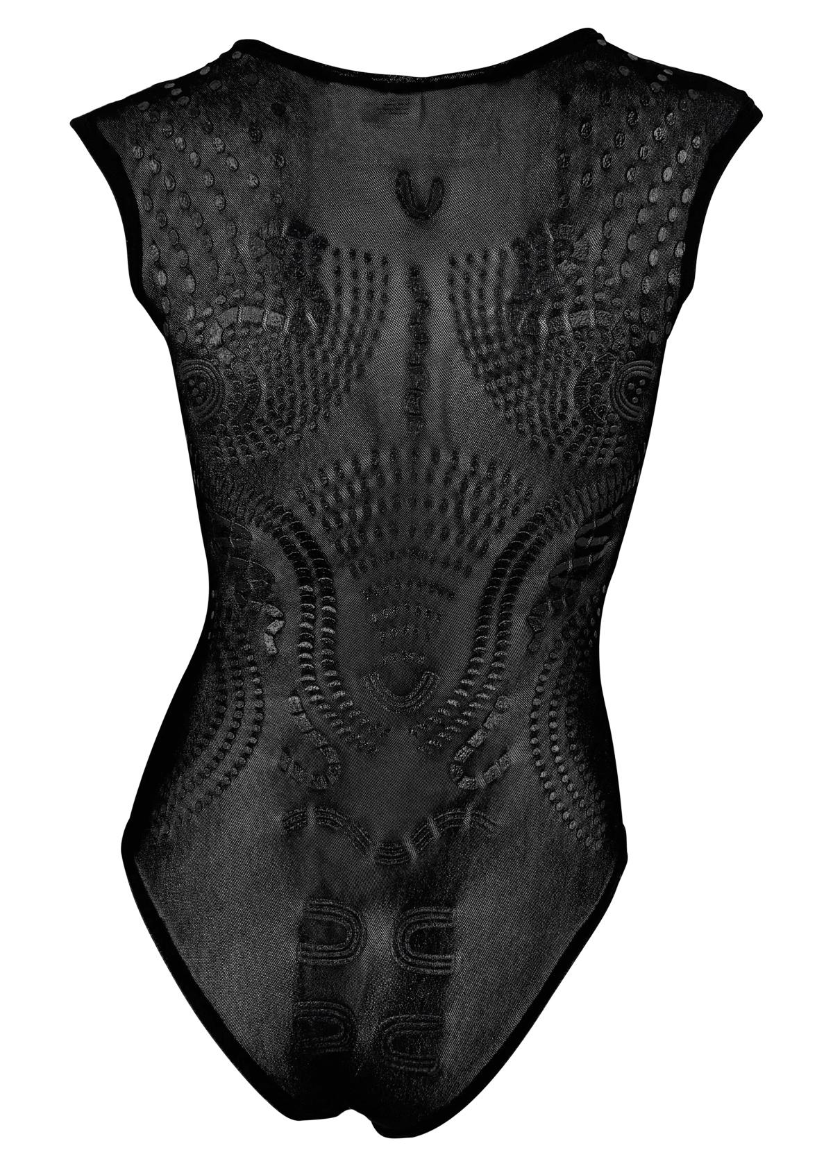 2000er Krizia Schwarzes ärmelloses Bodysuit-Top aus durchsichtigem Mesh mit abstrakter Anatomie Damen im Angebot