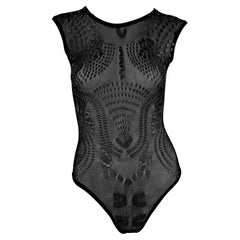 Krizia, body sans manches en maille noire transparente, abstrait et anatomique, années 2000