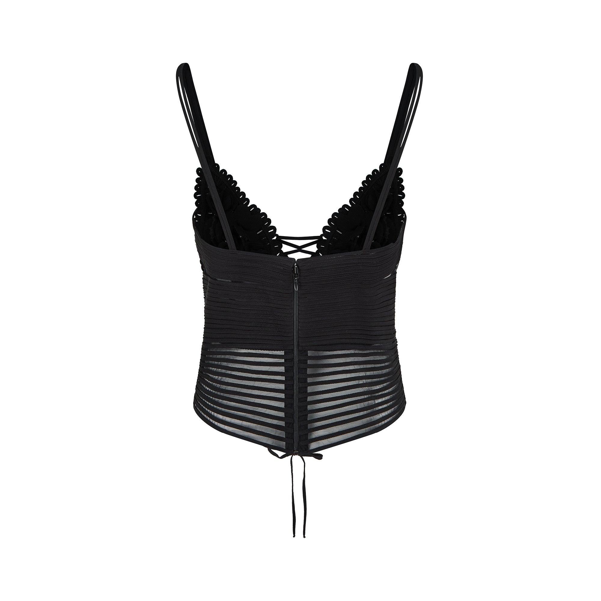 2000s La Perla Black Peekaboo Corset Cami with Appliqué Flowers In Excellent Condition For Sale In London, GB
