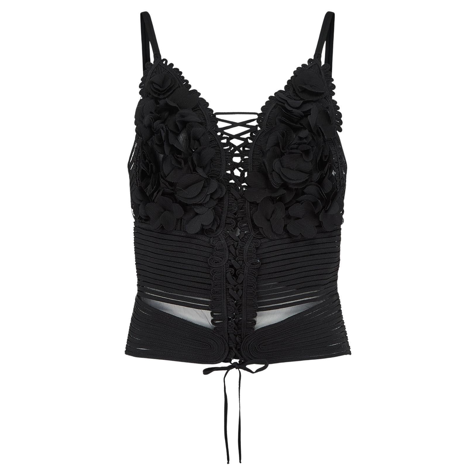 2000s La Perla Black Peekaboo Corset Cami with Appliqué Flowers For Sale