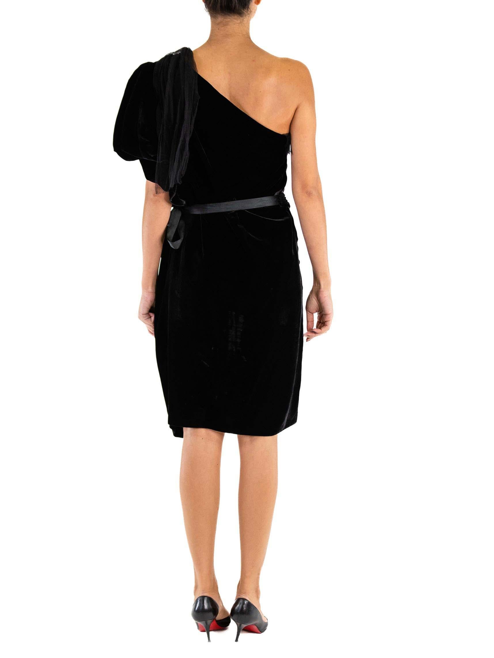 2000S Lanvin Black Rayon Velvet One Shoulder With Bow Dress Crystal Ribbon Belt For Sale 5