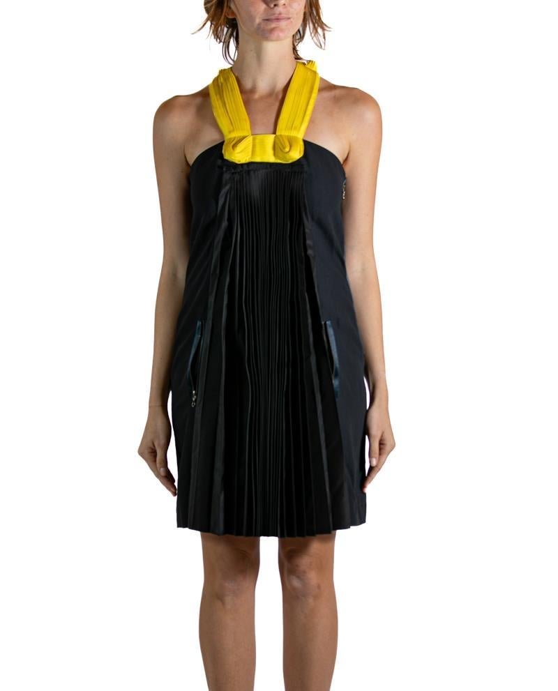 2000S LANVIN Black & Yellow Silk Wool Pleated Dress In Excellent Condition For Sale In New York, NY
