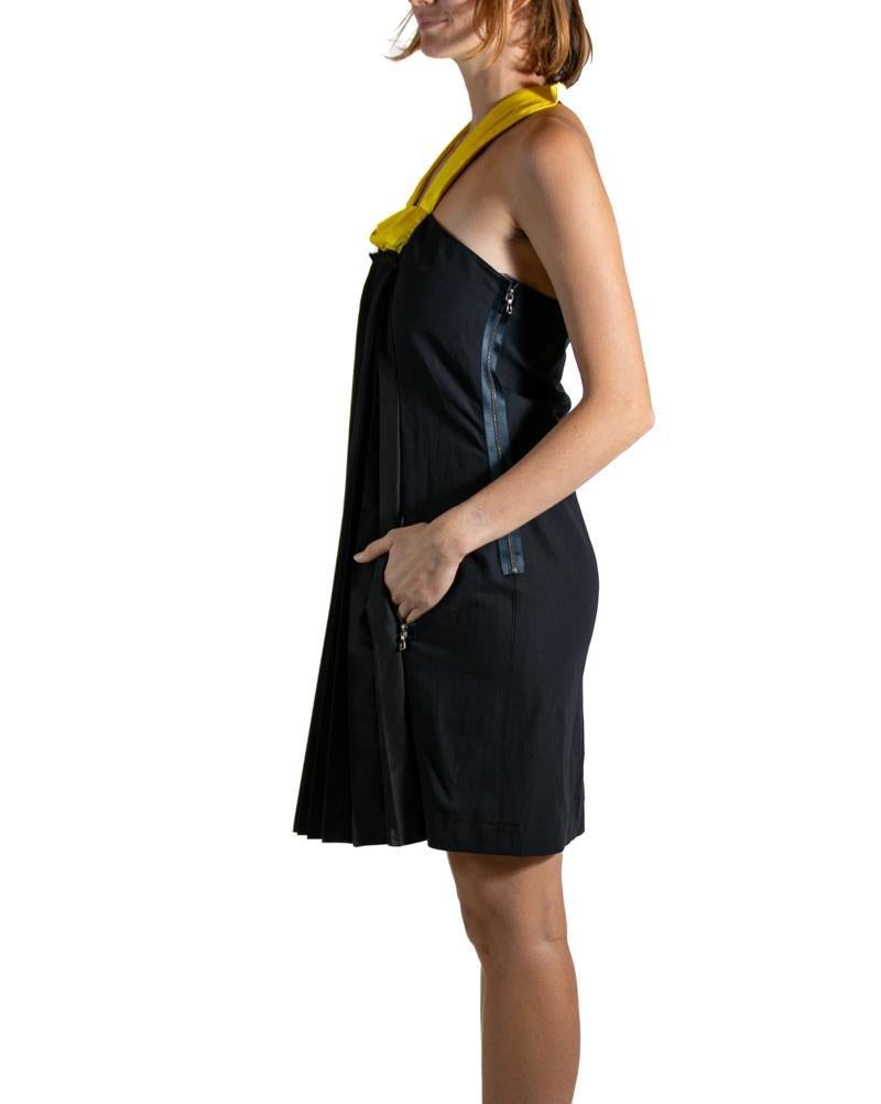 2000S LANVIN Black & Yellow Silk Wool Pleated Dress For Sale 3