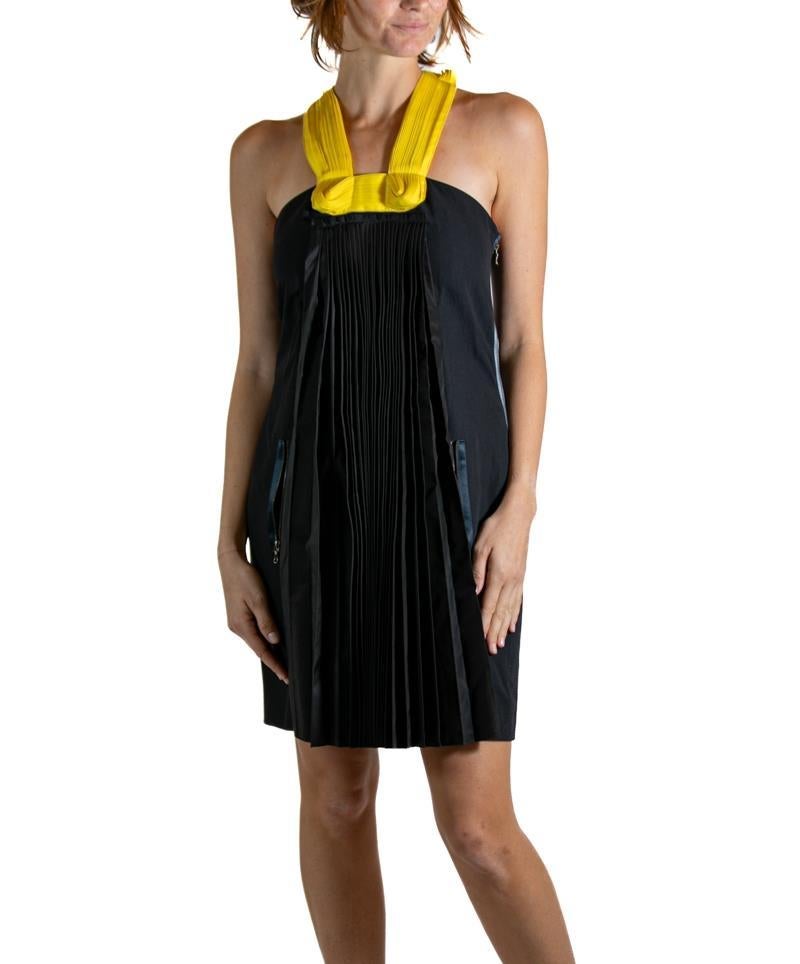 2000S LANVIN Black & Yellow Silk Wool Pleated Dress For Sale 5
