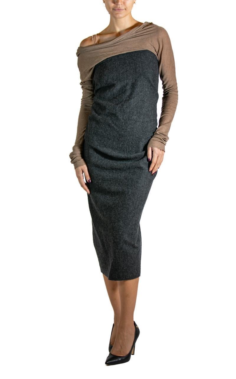 2000S LANVIN Grey & Brown Wool Dress For Sale 2