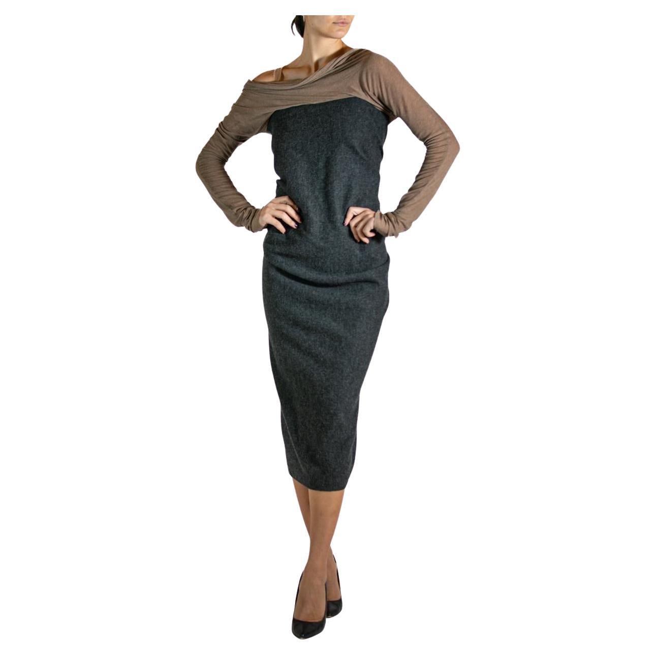 2000S LANVIN Grey & Brown Wool Dress For Sale