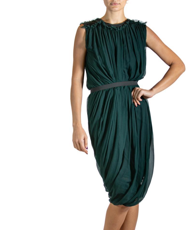 2000S LANVIN Hunter Green & Grey Silk Wool Dress For Sale 1