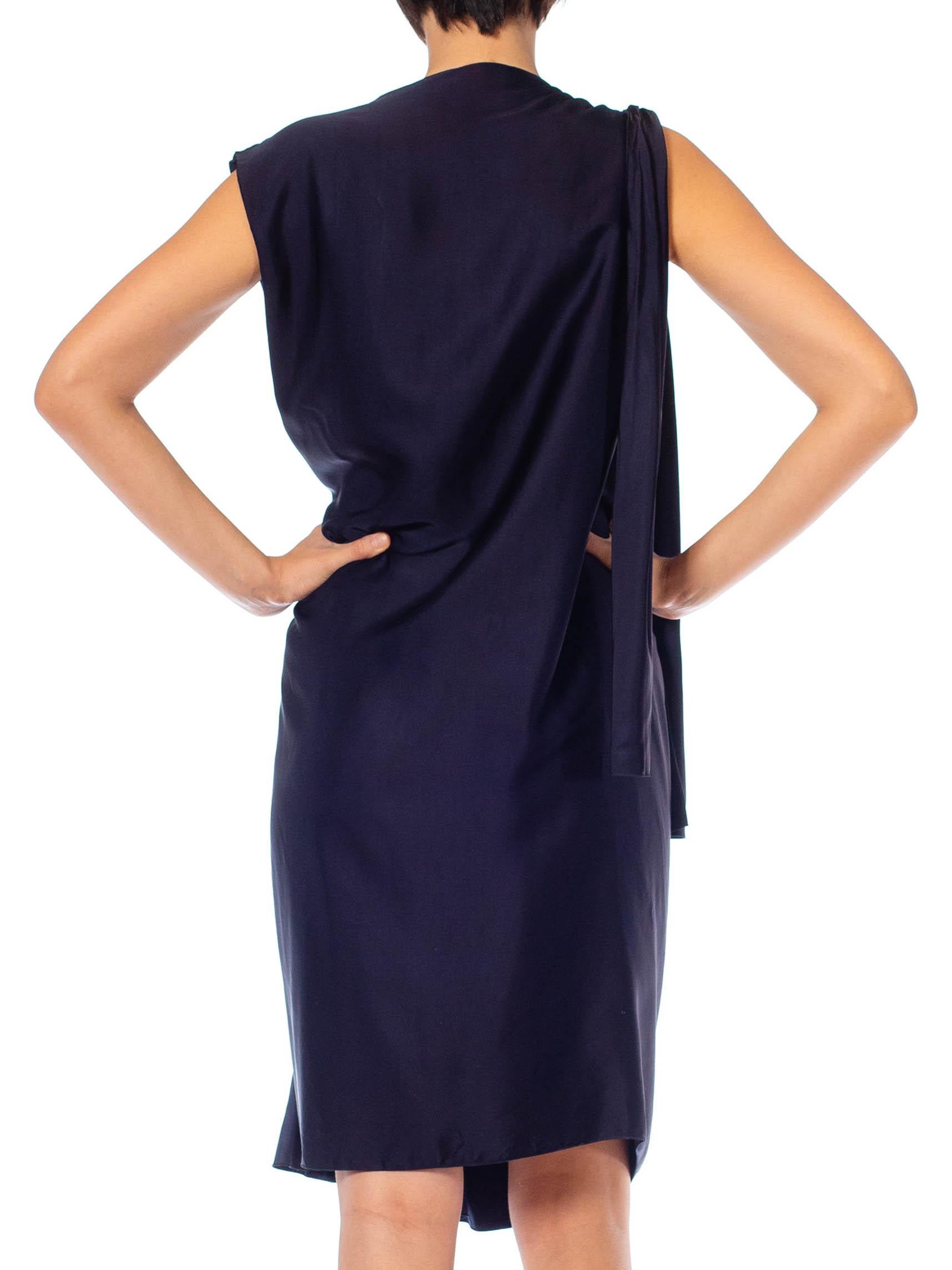 Black 2000S Lanvin Navy Blue Silk Satin Deconstructed Wrap Dress For Sale