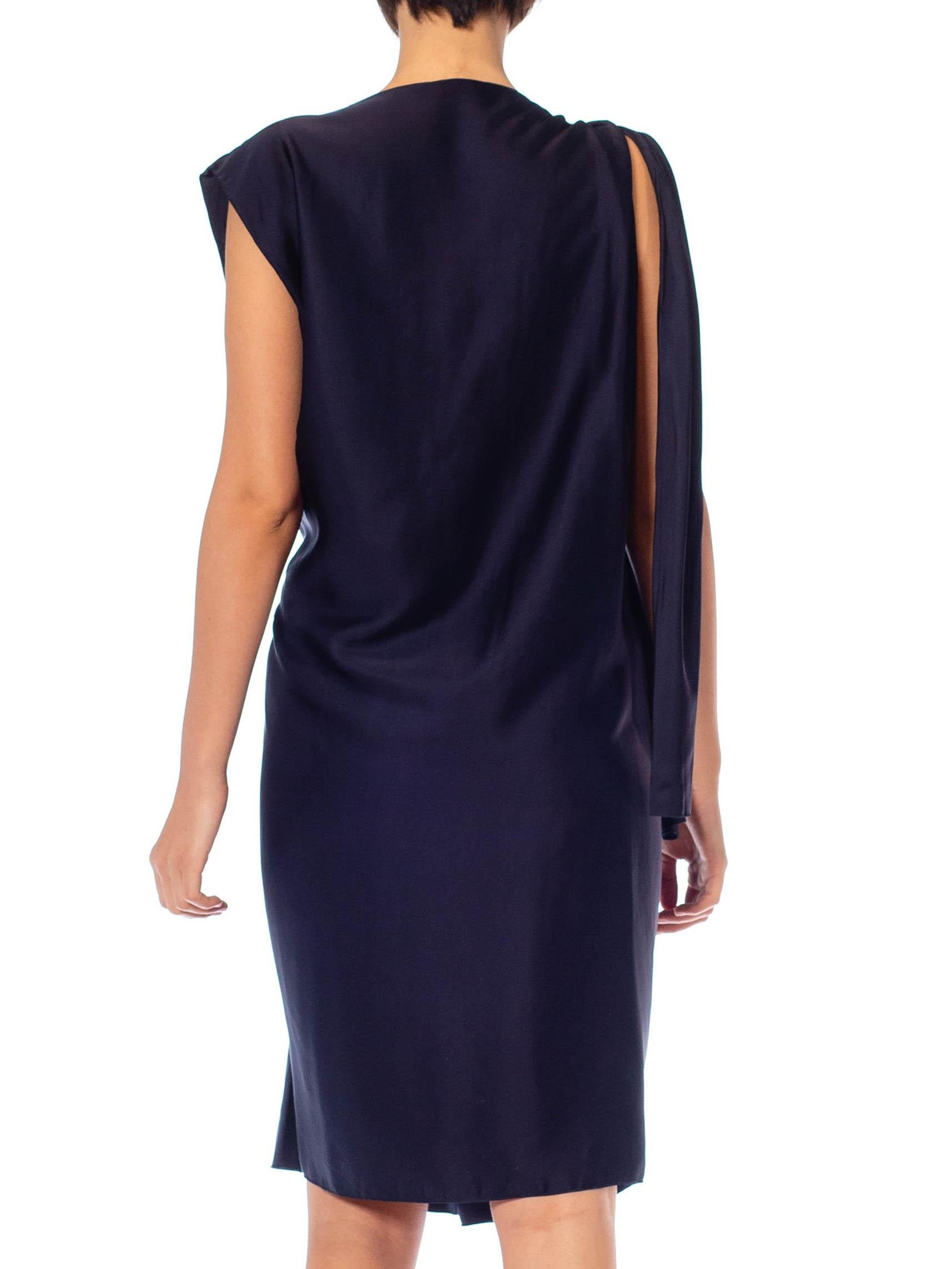 2000S Lanvin Navy Blue Silk Satin Deconstructed Wrap Dress In Excellent Condition For Sale In New York, NY