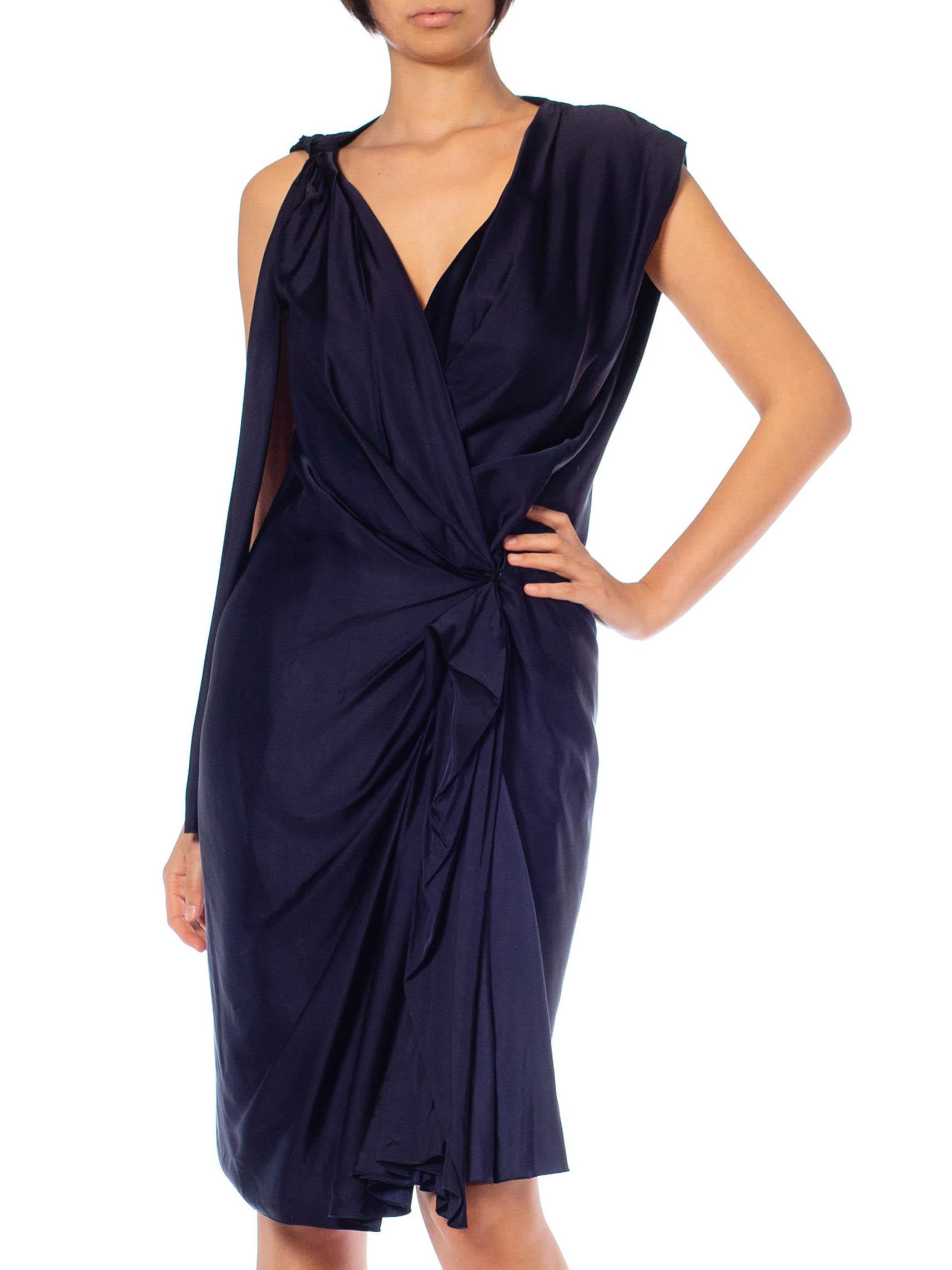 Women's 2000S Lanvin Navy Blue Silk Satin Deconstructed Wrap Dress For Sale