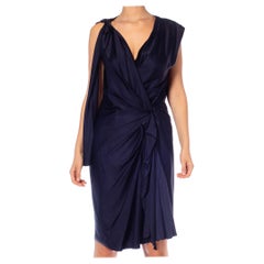 2000S LANVIN Navy Blue Silk Satin Deconstructed Wrap Dress