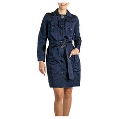 2000S LANVIN Navy Blue Silk & Wool With Belt Coat Crystal Buttons