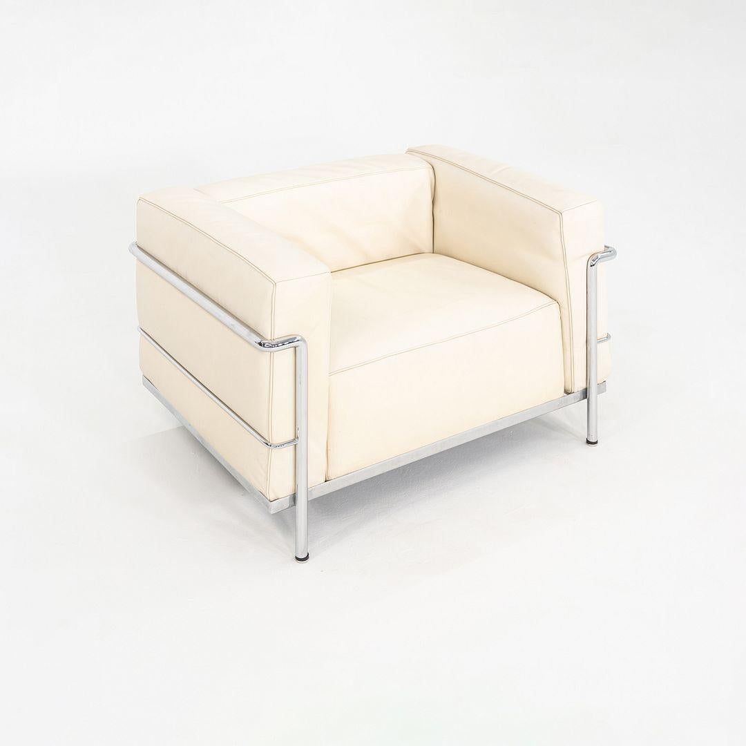 This is a LC3 Fauteuil Grand Confort, Grand Modele Lounge Chair, initially designed by Le Corbusier, Pierre Jeanneret, and Charlotte Perriand in 1928. This particular example dates to the 2000s and was produced in Italy by Cassina. The chair