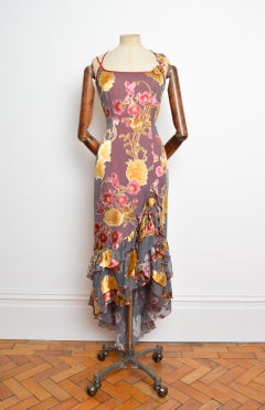2000's Leather Flower Appliqué Vintage Silk Ruffled Floaty Asymmetric Slip Dress