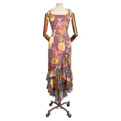 2000's Leather Flower Appliqué Vintage Silk Ruffled Floaty Asymmetric Slip Dress