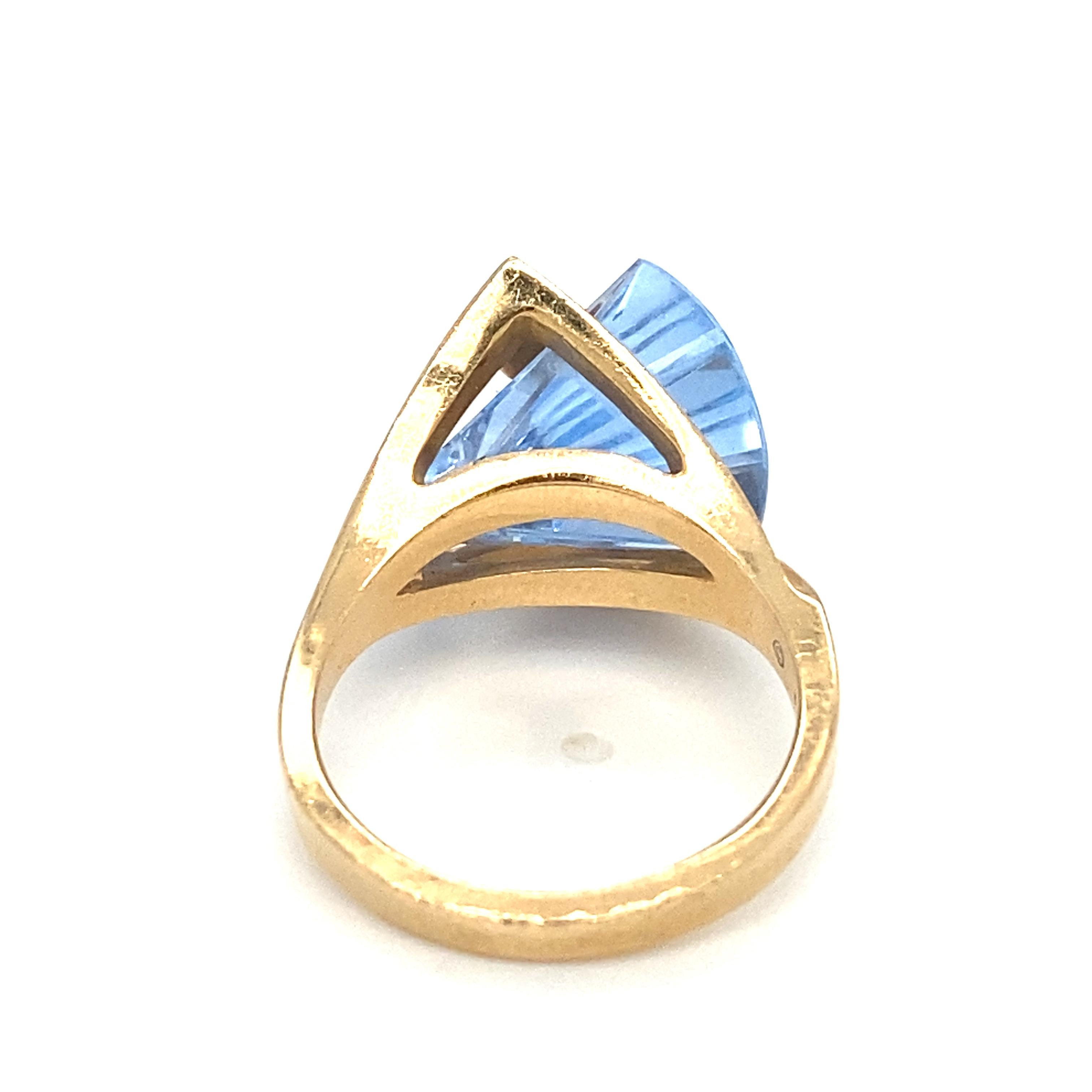 Item Details: This unique ring by Strellman has a blue topaz in their Lighthouse abstract cut.

Circa: 2000s
Metal Type: 14k yellow gold
Weight: 7.3 grams
Size: US 6.75, resizable