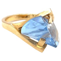 2000s Lighthouse Cut Blue Topaz Ring in 14 Karat Gold