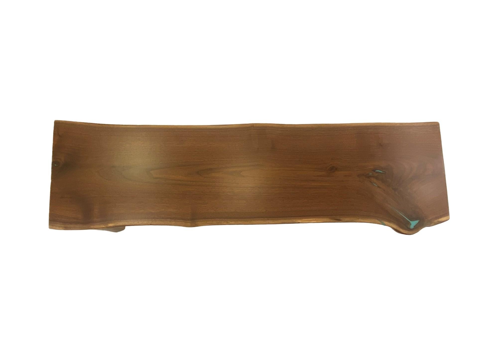 American 2000s Live Edge Walnut Slab Bench with Slab Legs Featuring Sky Blue Resin