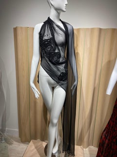 2000s Lloyd Klein Black Sheer Silk Embroidered One shoulder Top