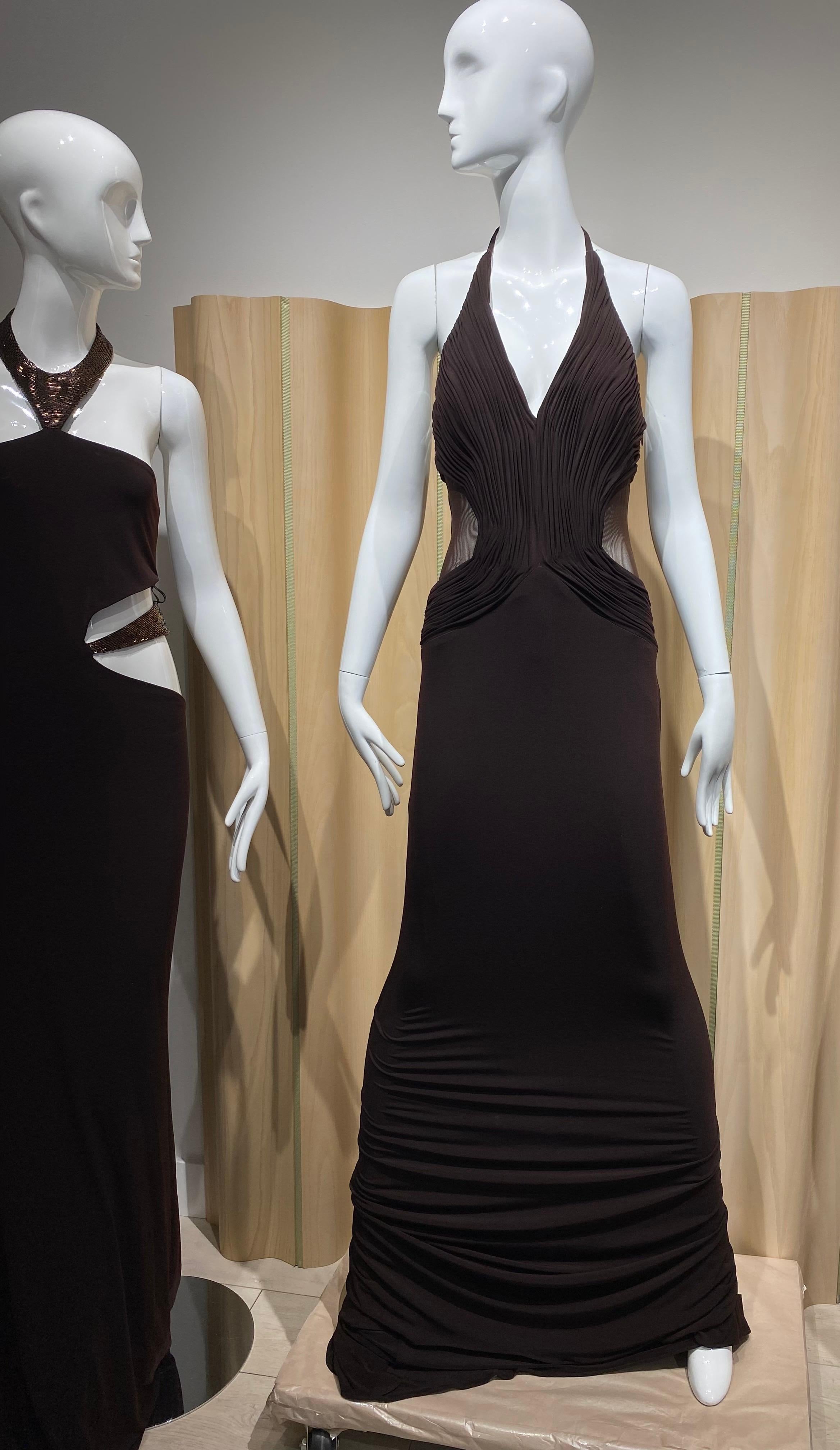 Black 2000s Lloyd Klein Brown V Neck Halter Jersey Dress For Sale