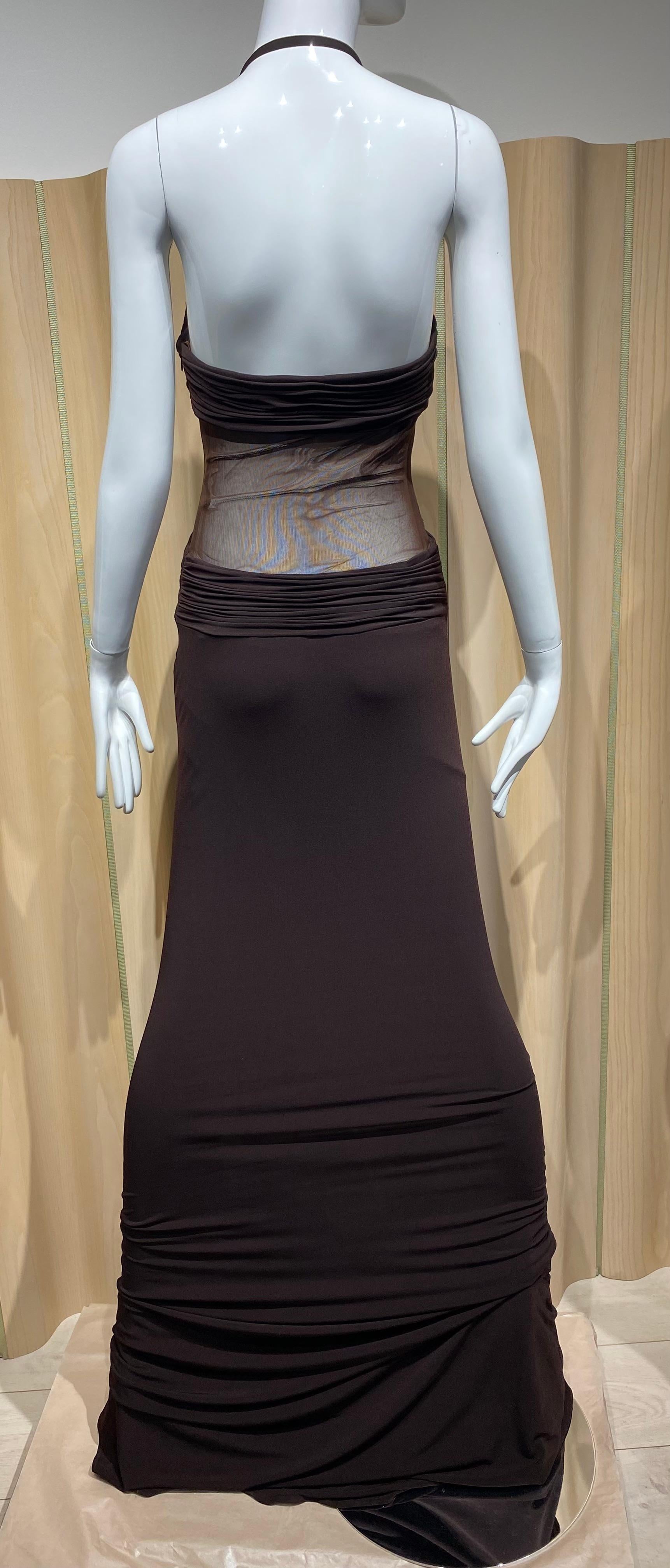 2000s Lloyd Klein Brown V Neck Halter Jersey Dress In Excellent Condition For Sale In Beverly Hills, CA