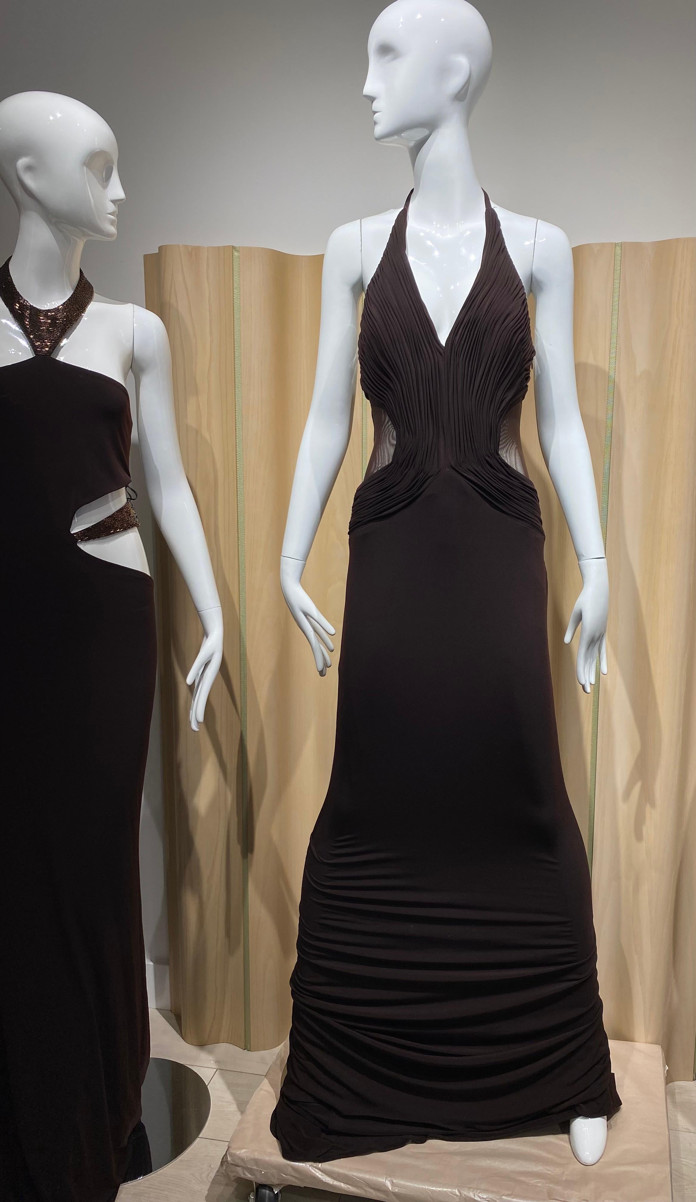 Women's 2000s Lloyd Klein Brown V Neck Halter Jersey Dress For Sale