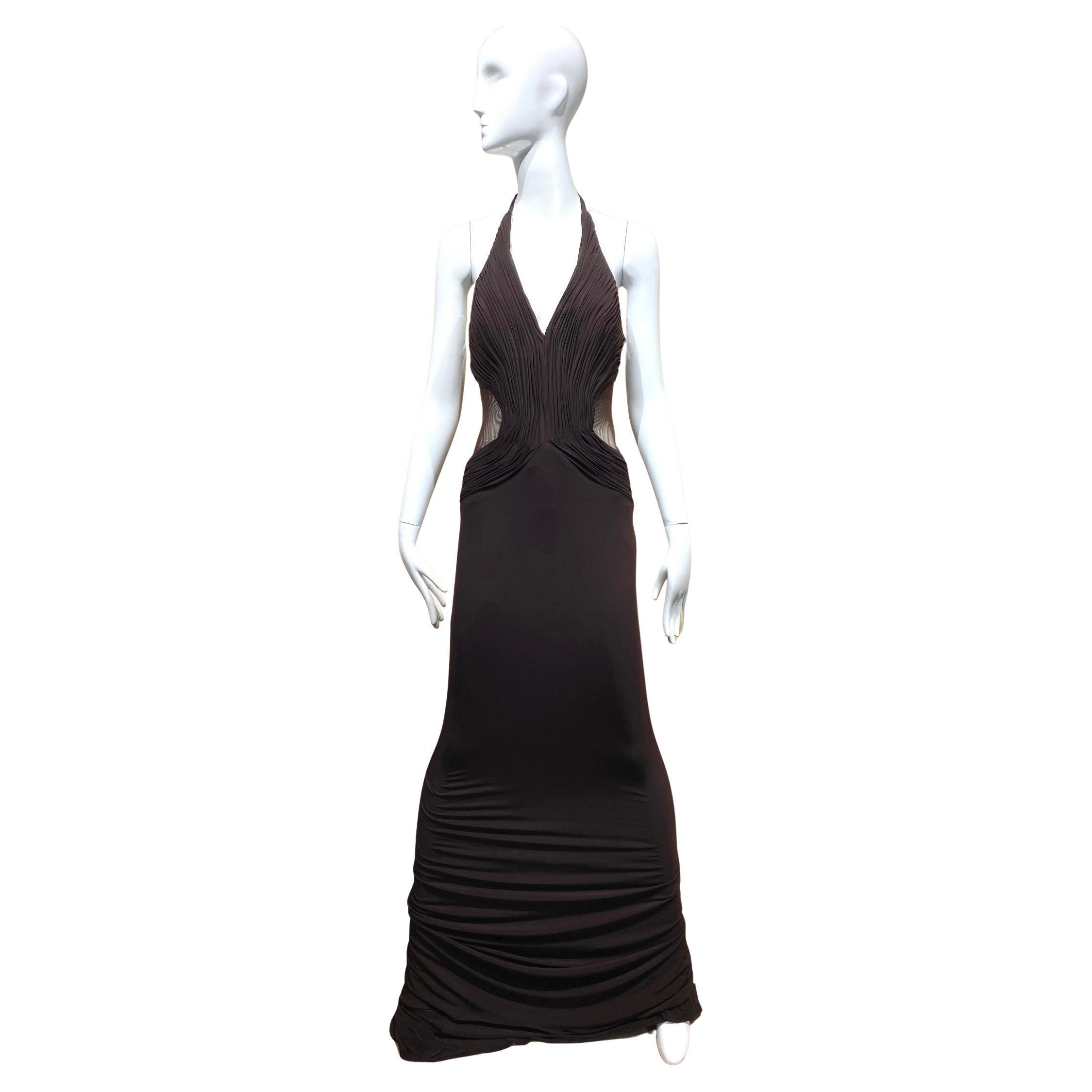2000s Lloyd Klein Brown V Neck Halter Jersey Dress For Sale