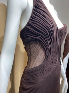 2000s Lloyd Klein Chocolate Brown Jersey One shoulder pleated Dress