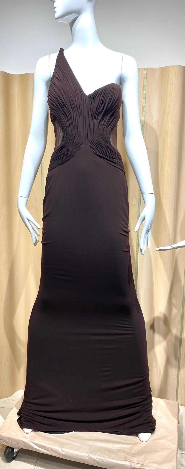 2000s Lloyd Klein Chocolate Brown Jersey One shoulder pleated Dress For  Sale at 1stDibs