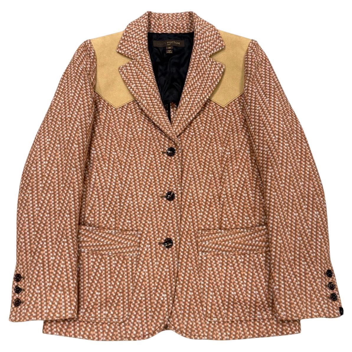 2000s Louis Vuitton by Marc Jacobs houndstooth blazer jacket with suede shoulder