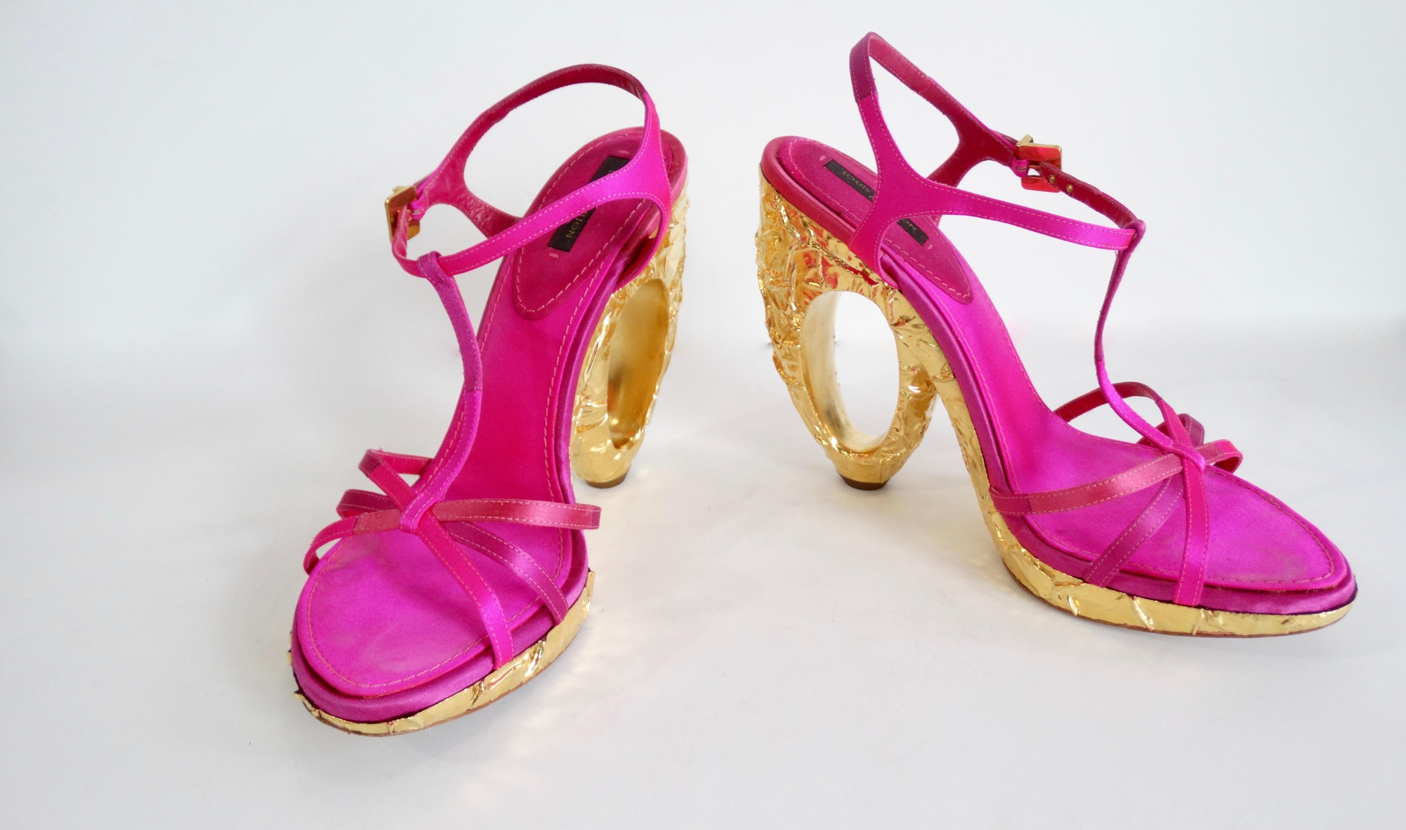 Louis Vuitton 2000s Fuchsia Satin Pumps With Textured Gold Heels For Sale 2