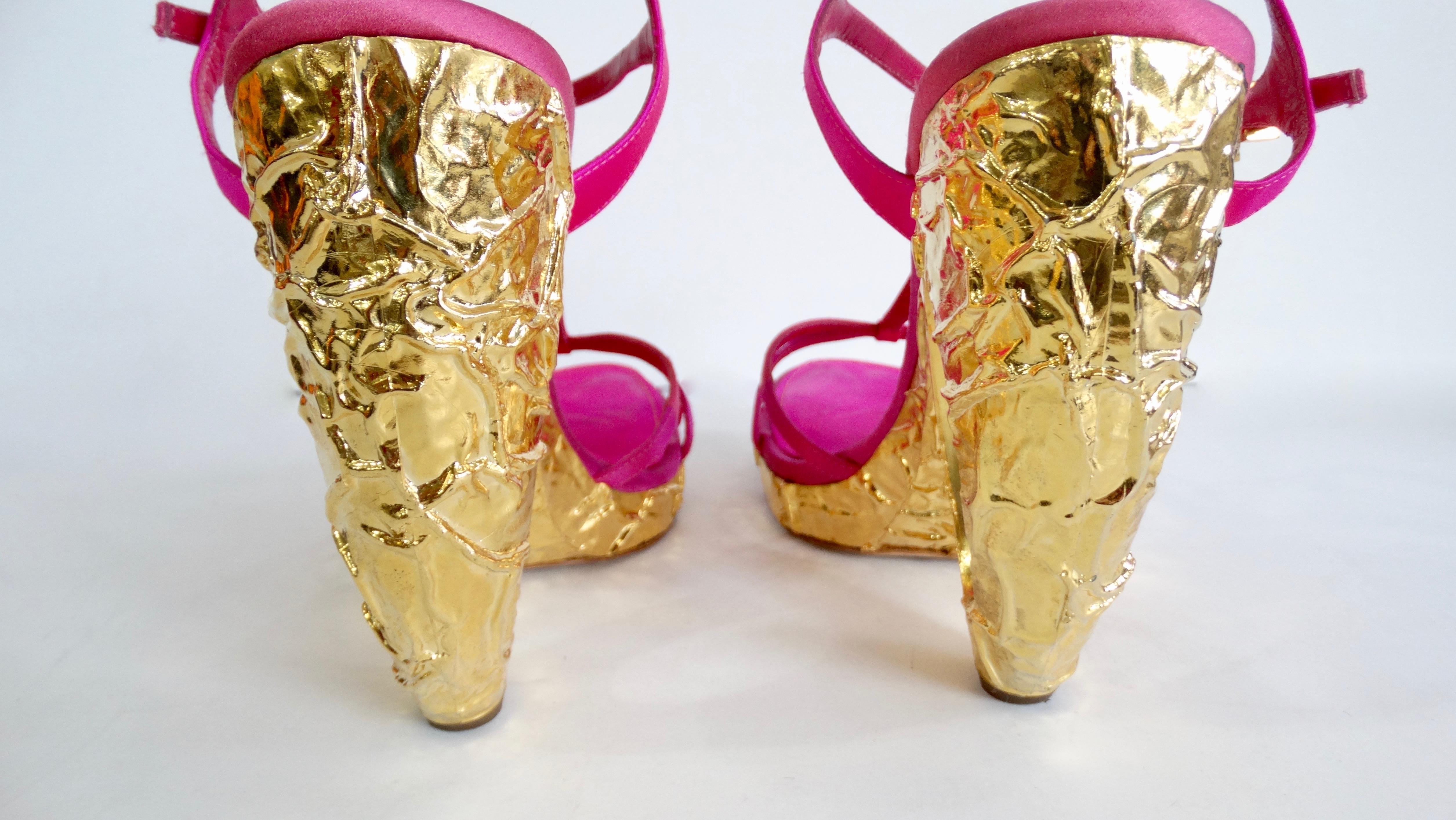 Louis Vuitton 2000s Fuchsia Satin Pumps With Textured Gold Heels For Sale 4