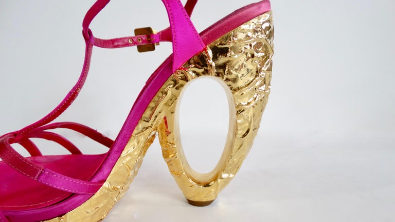Louis Vuitton 2000s Fuchsia Satin Pumps With Textured Gold Heels