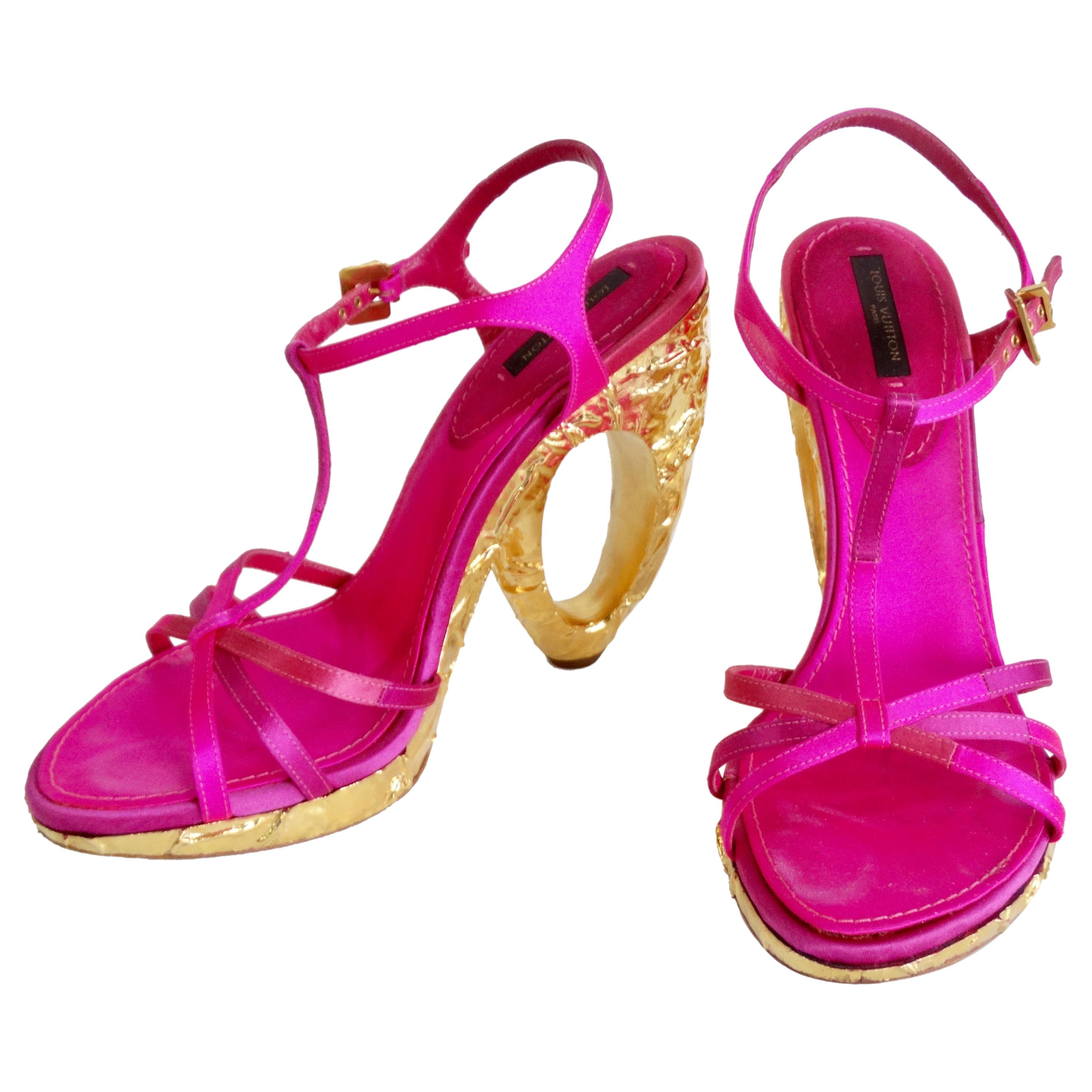 Louis Vuitton 2000s Fuchsia Satin Pumps With Textured Gold Heels For Sale