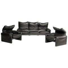 2000s Magistretti Cassina Black Leather Maralunga Three-Seat Sofa and Armchairs