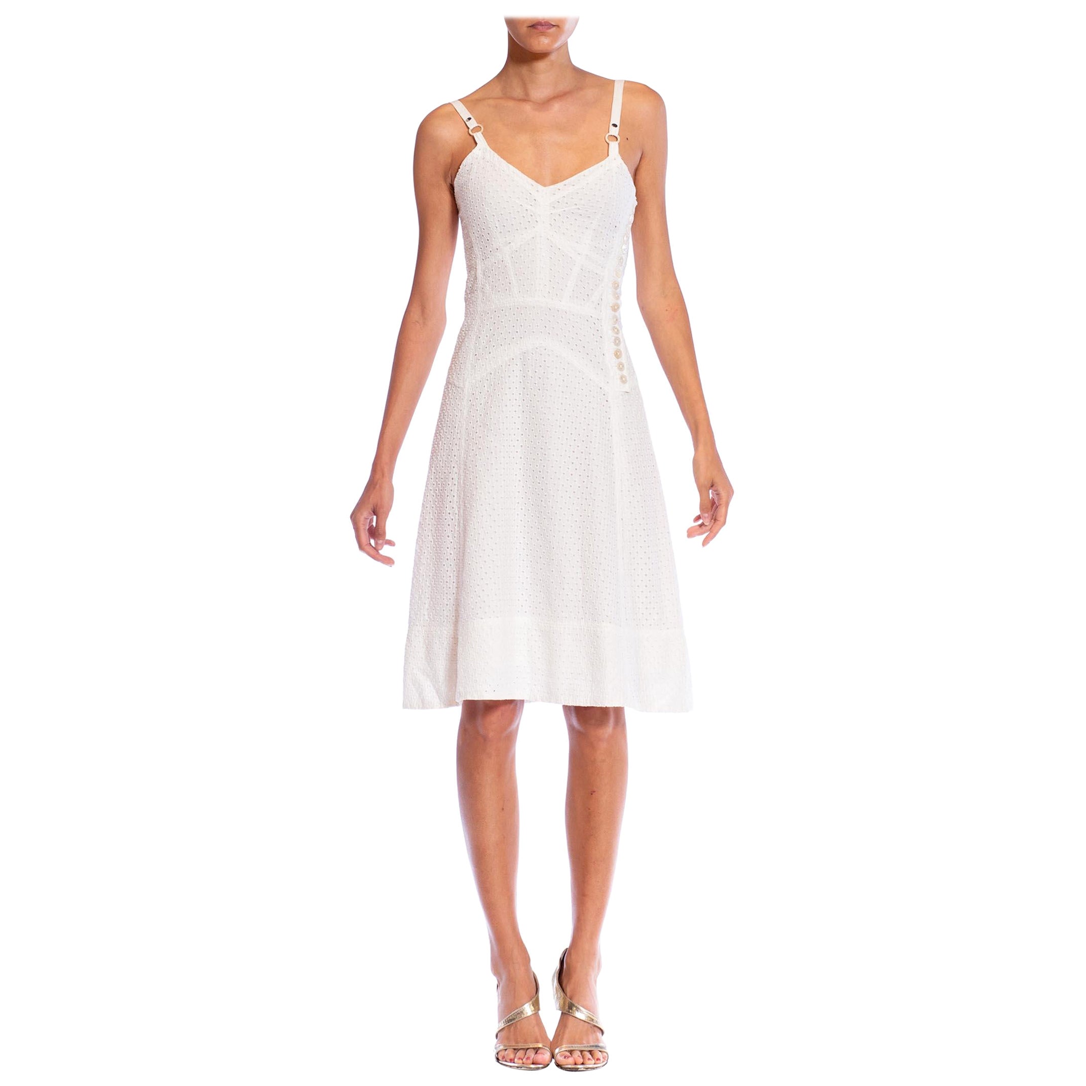 2000S MARC JACOBS Vestito estivo in cotone bianco con pizzo e occhiello in vendita