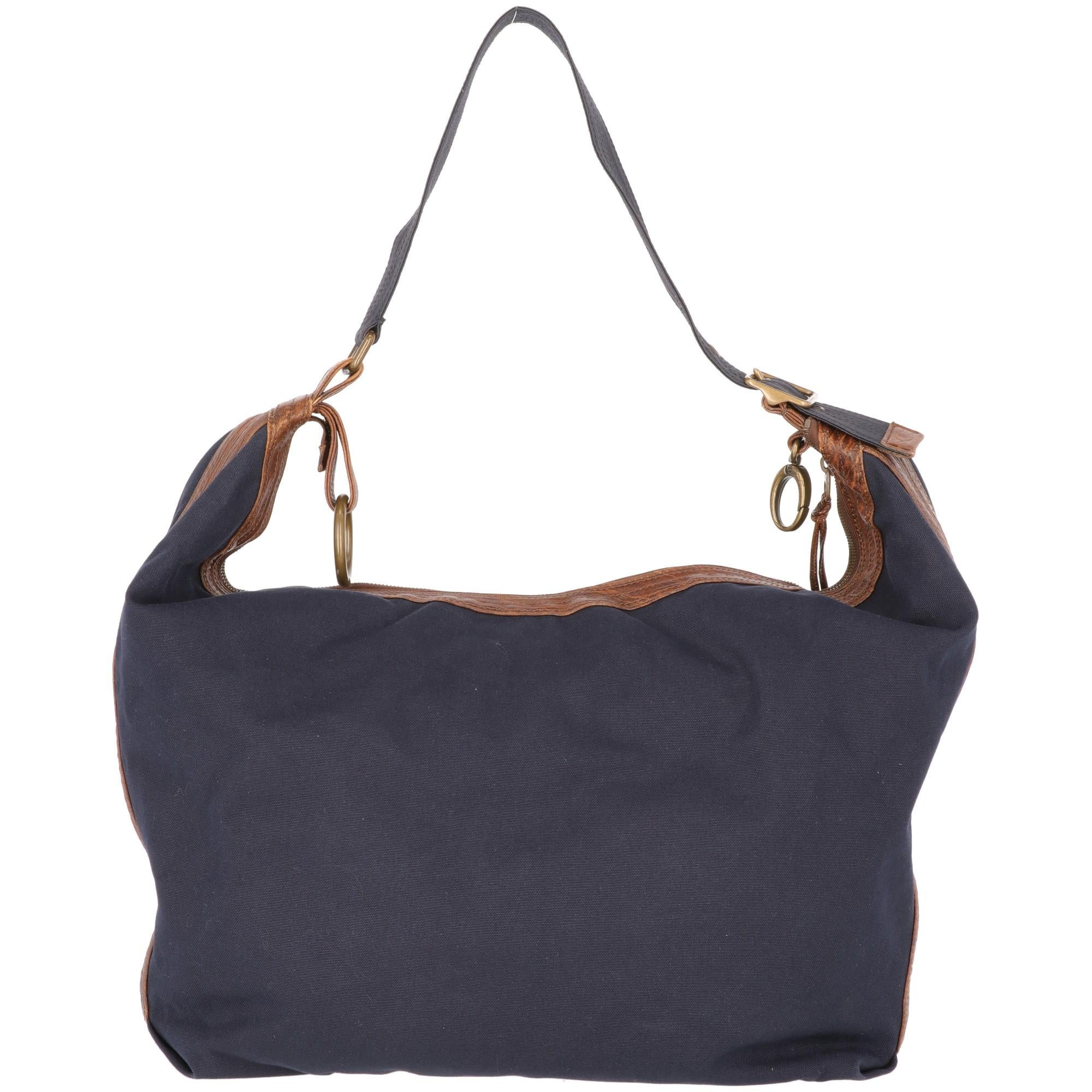 Women's 2000s Marni Blue Cotton Tote Bag with Brown leather details