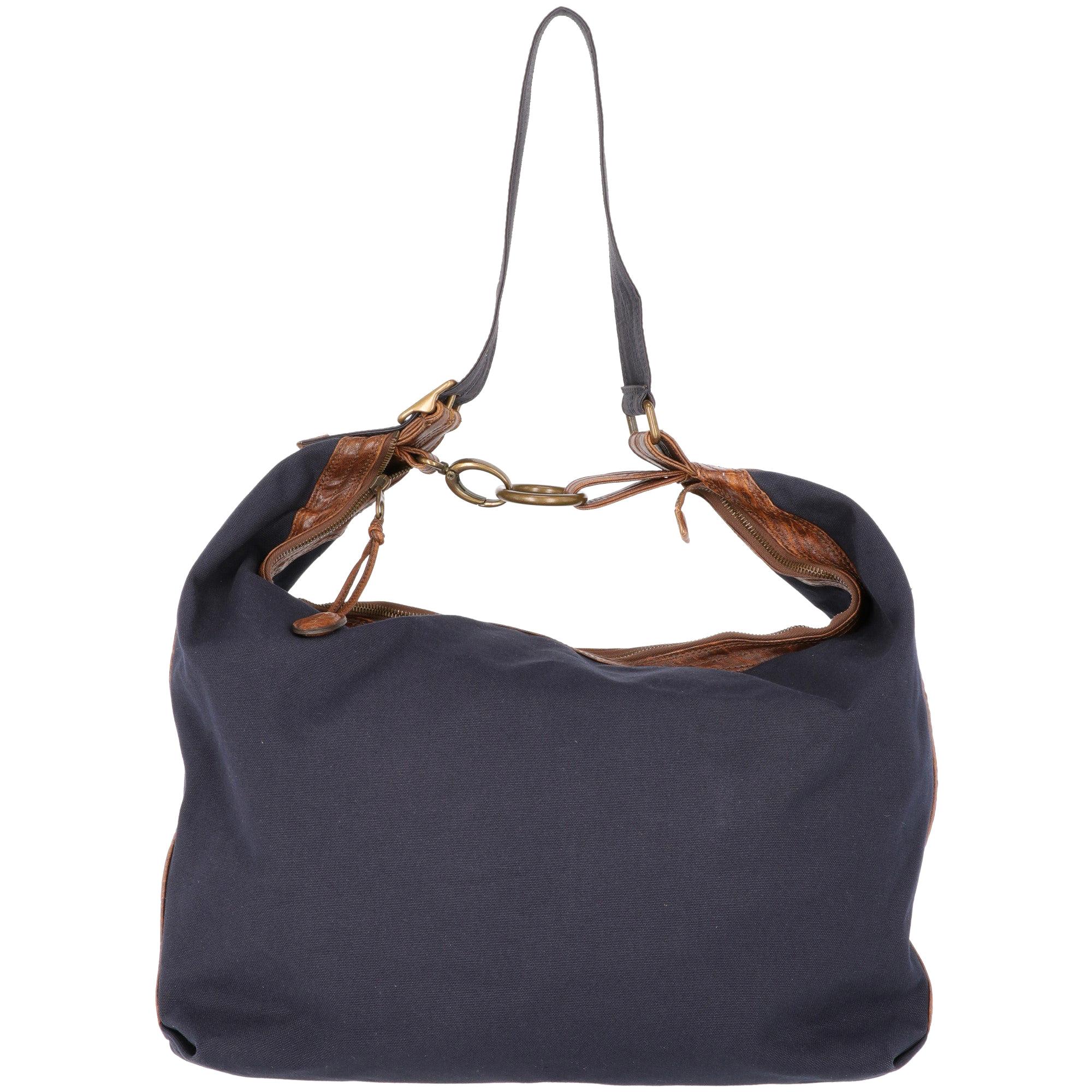 2000s Marni Blue Cotton Tote Bag with Brown leather details