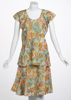2000s Marni Gold Leaf Turquoise Lilac Watercolor Brocade Gold Top & Skirt Set
