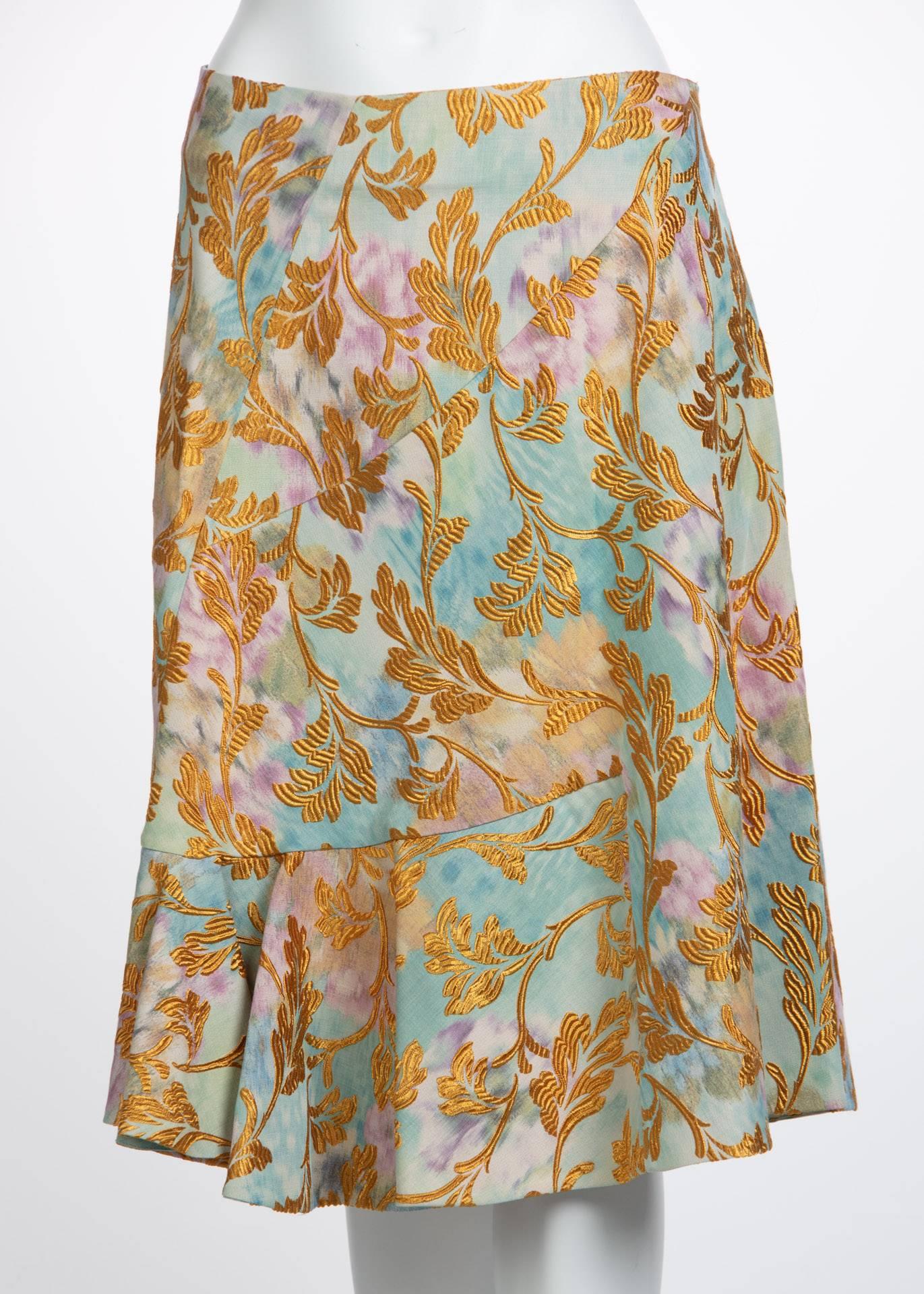 2000s Marni Gold Leaf Turquoise Lilac Watercolor Brocade Gold Top & Skirt Set In Excellent Condition For Sale In Boca Raton, FL