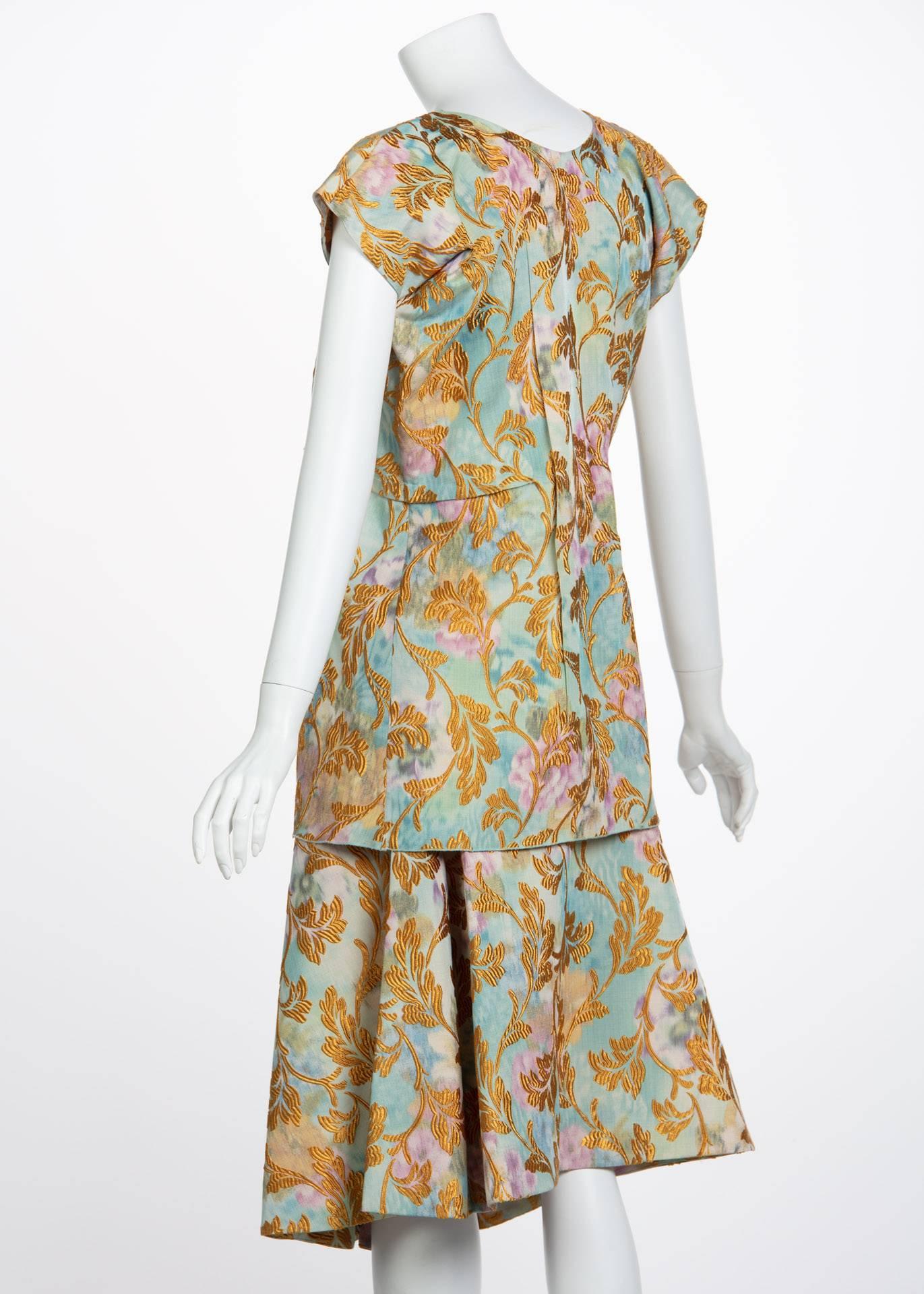 2000s Marni Gold Leaf Turquoise Lilac Watercolor Brocade Gold Top & Skirt Set For Sale 1