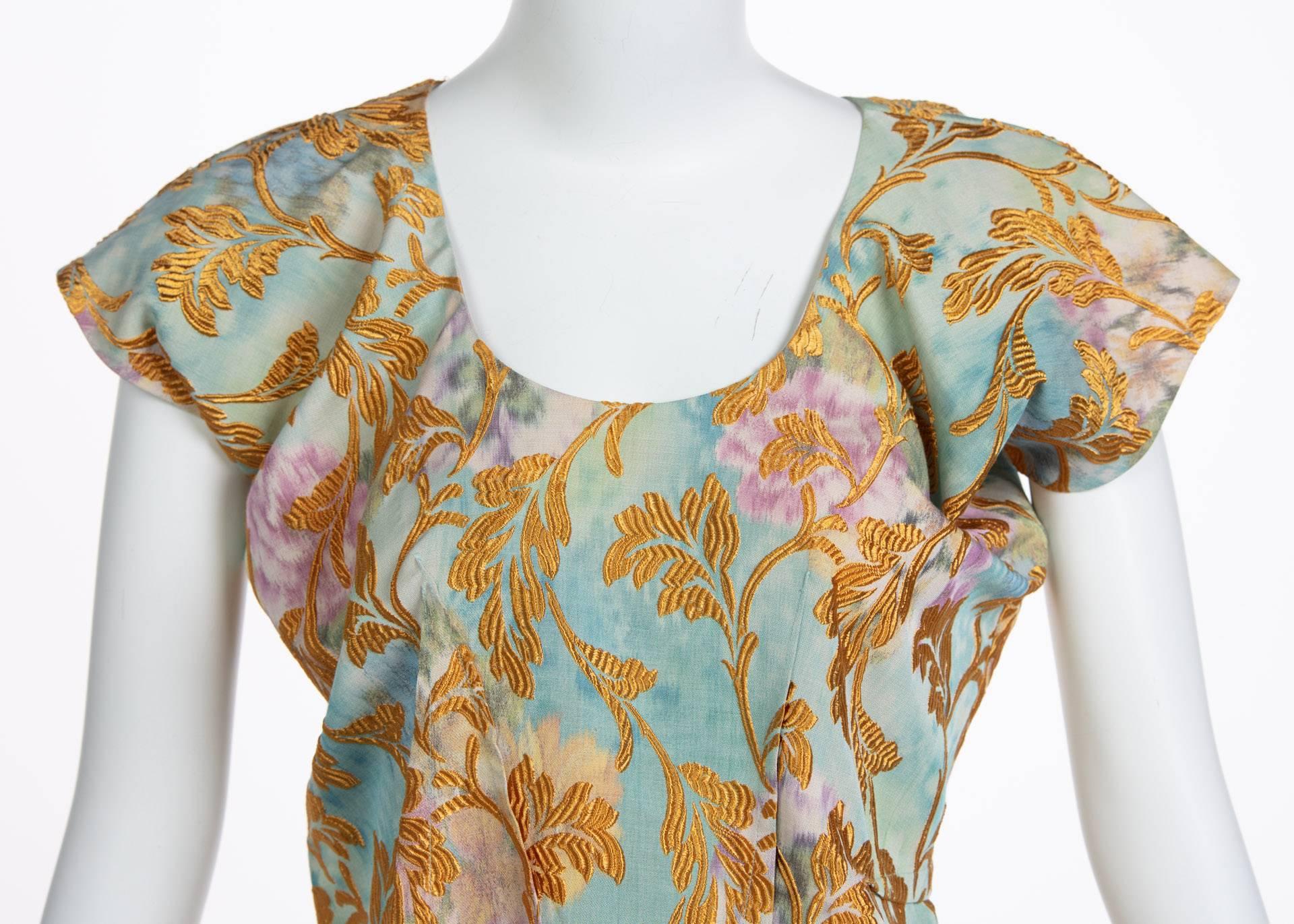 2000s Marni Gold Leaf Turquoise Lilac Watercolor Brocade Gold Top & Skirt Set For Sale 2