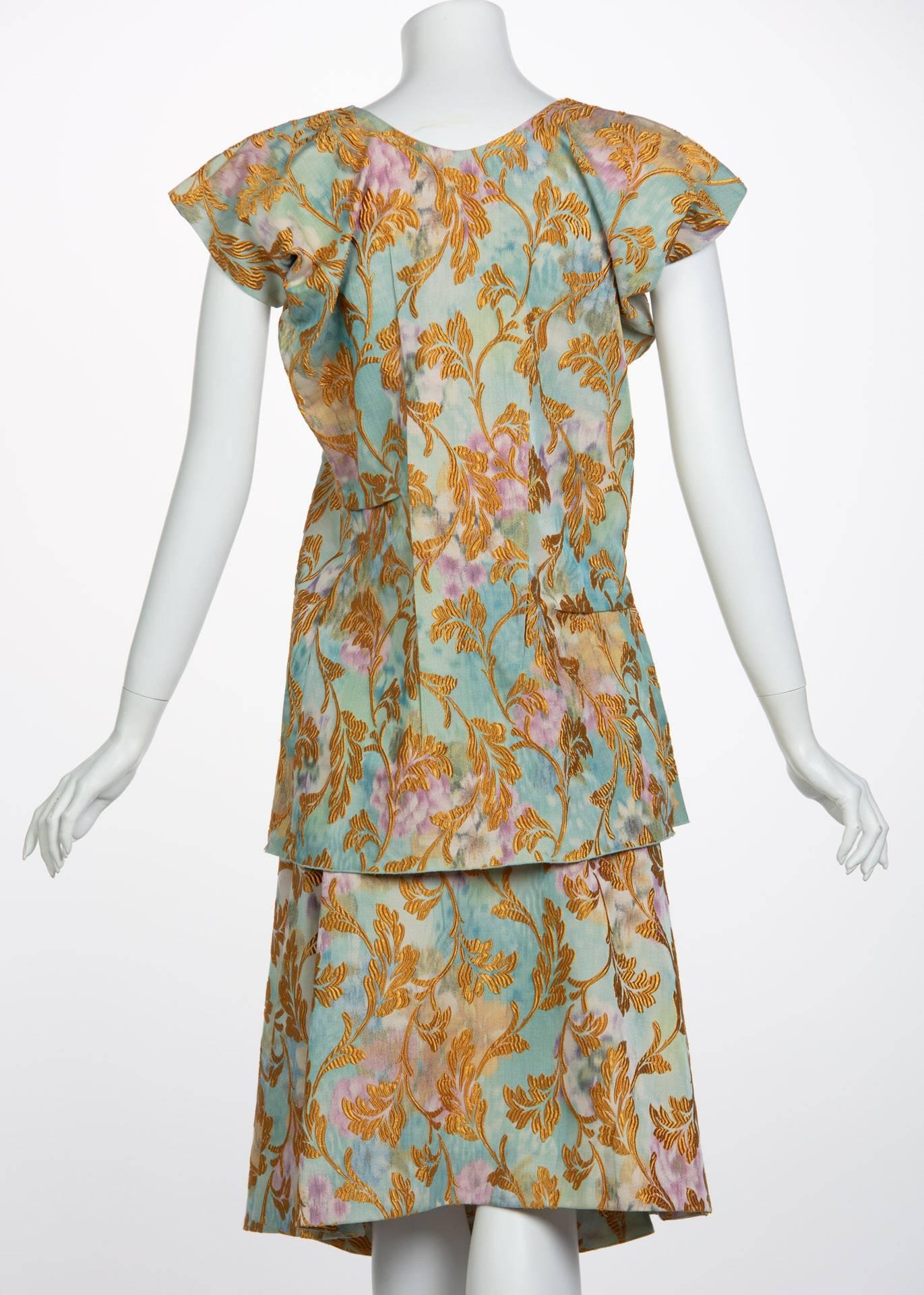 2000s Marni Gold Leaf Turquoise Lilac Watercolor Brocade Gold Top & Skirt Set For Sale 3