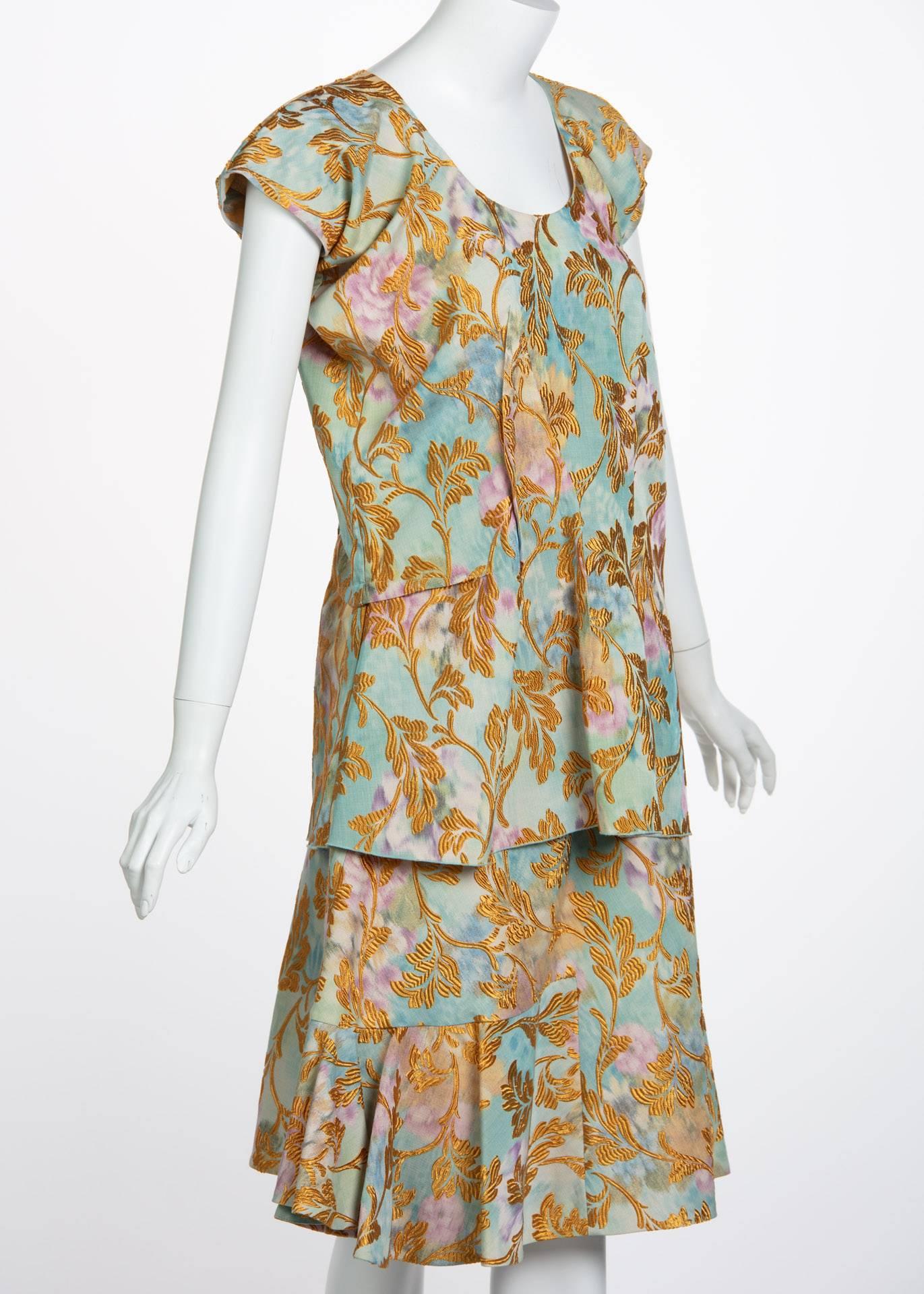 2000s Marni Gold Leaf Turquoise Lilac Watercolor Brocade Gold Top & Skirt Set For Sale 4