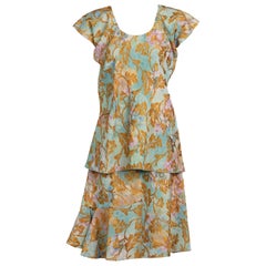 2000s Marni Gold Leaf Turquoise Lilac Watercolor Brocade Gold Top & Skirt Set