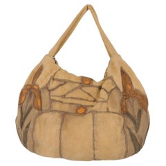 2000s Marni Vintage taupe suede shoulder bag with painted floral fantasy