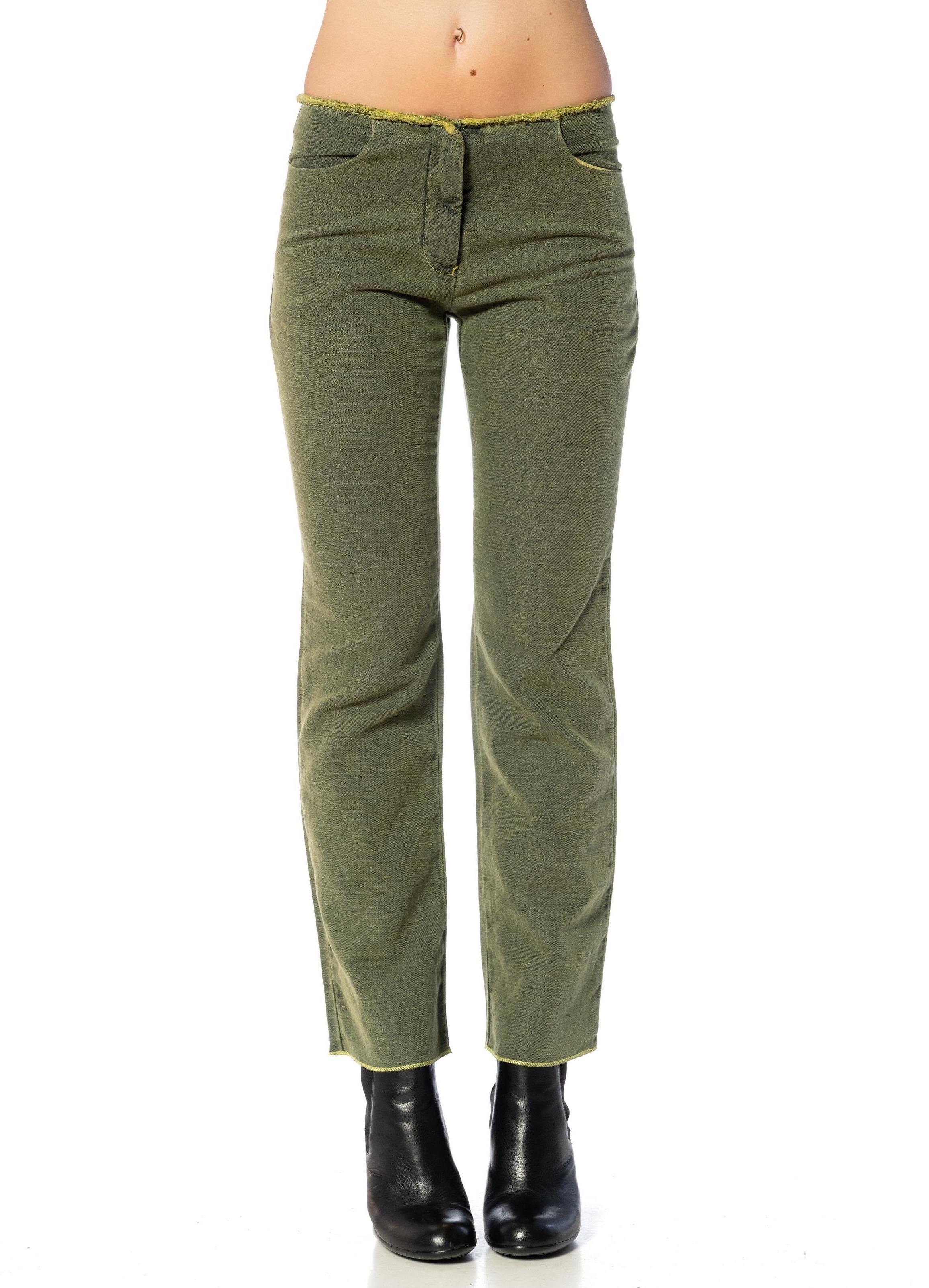 2000S MARTIN MARGIELA Forrest Green Cotton & Linen Relaxed Fit Jeans In Excellent Condition For Sale In New York, NY