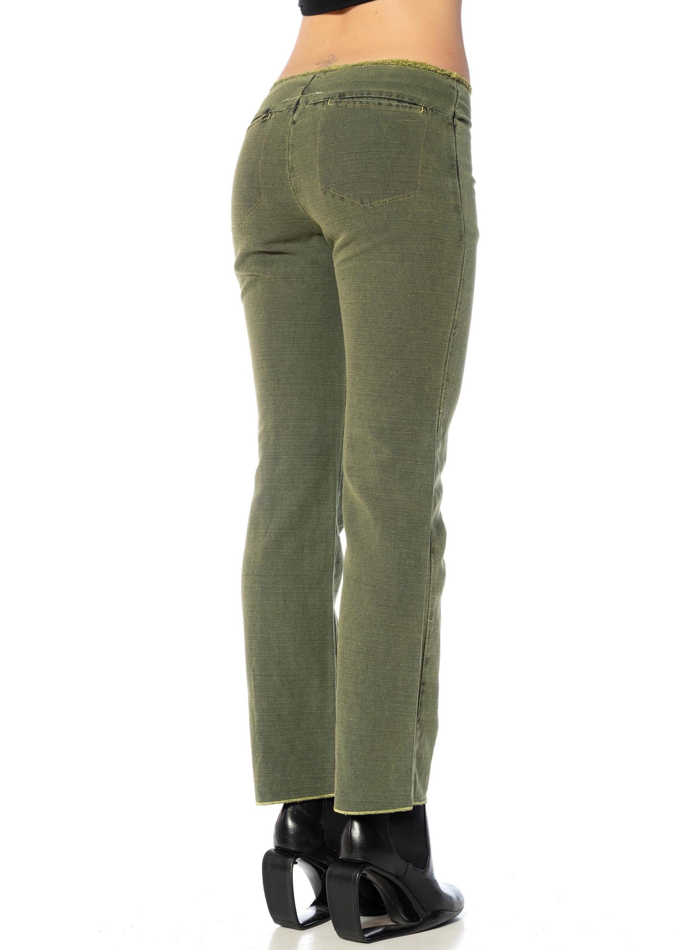 2000S MARTIN MARGIELA Forrest Green Cotton & Linen Relaxed Fit Jeans For Sale 2